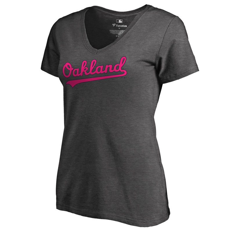 Women 2017 Mother's Day Oakland Athletics Pink Wordmark V-Neck Slim Fit Heather Gray T-Shirt