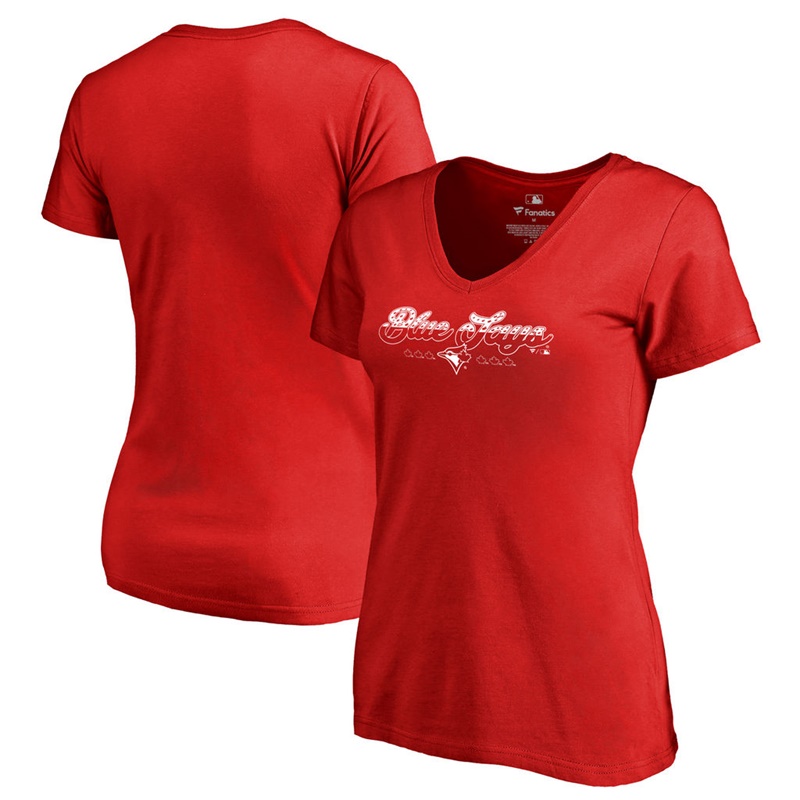 Women Toronto Blue Jays Red Spangled Script T-Shirt