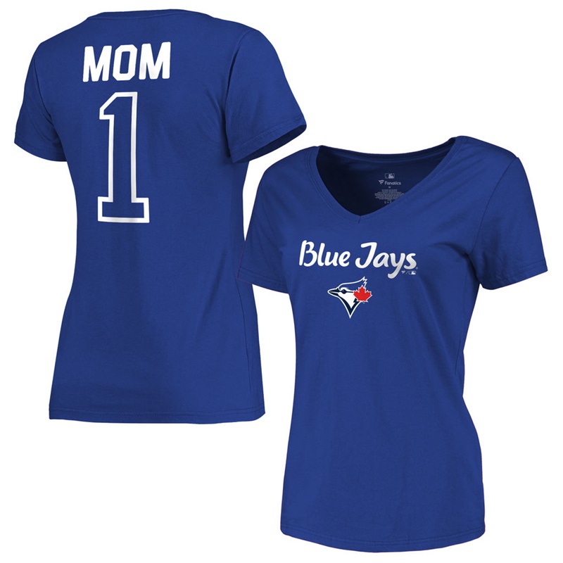 Women 2017 Mother's Day Toronto Blue Jays #1 Mom V-Neck Royal T-Shirt