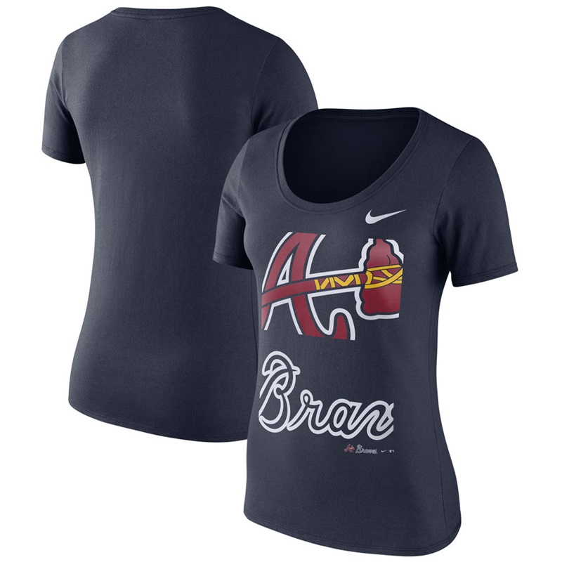 Women Atlanta Braves Black Stack Logo Scoop Neck T-Shirt