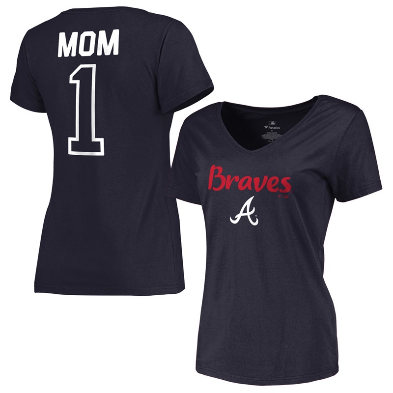 Women 2017 Mother's Day Atlanta Braves #1 Mom V-Neck Navy T-Shirt