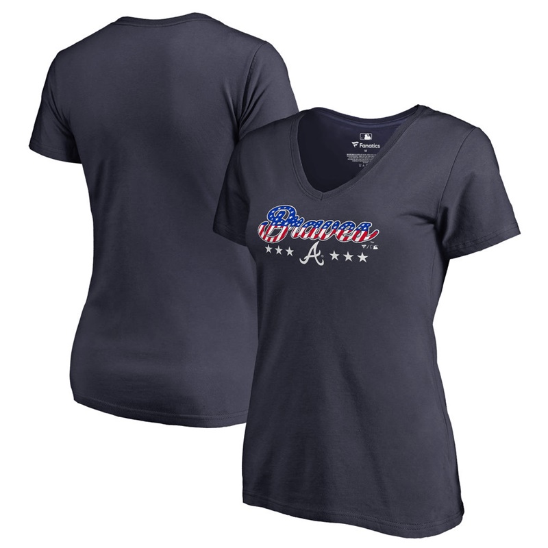 Women Atlanta Braves Navy Spangled Script T-Shirt