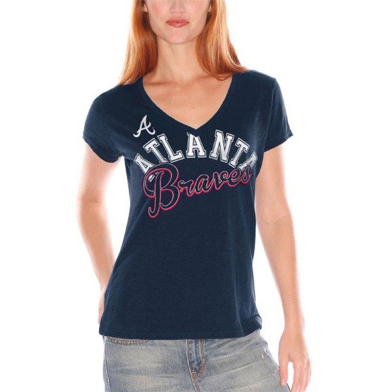 Women Atlanta Braves V-Neck Fair Catch Navy T-Shirt