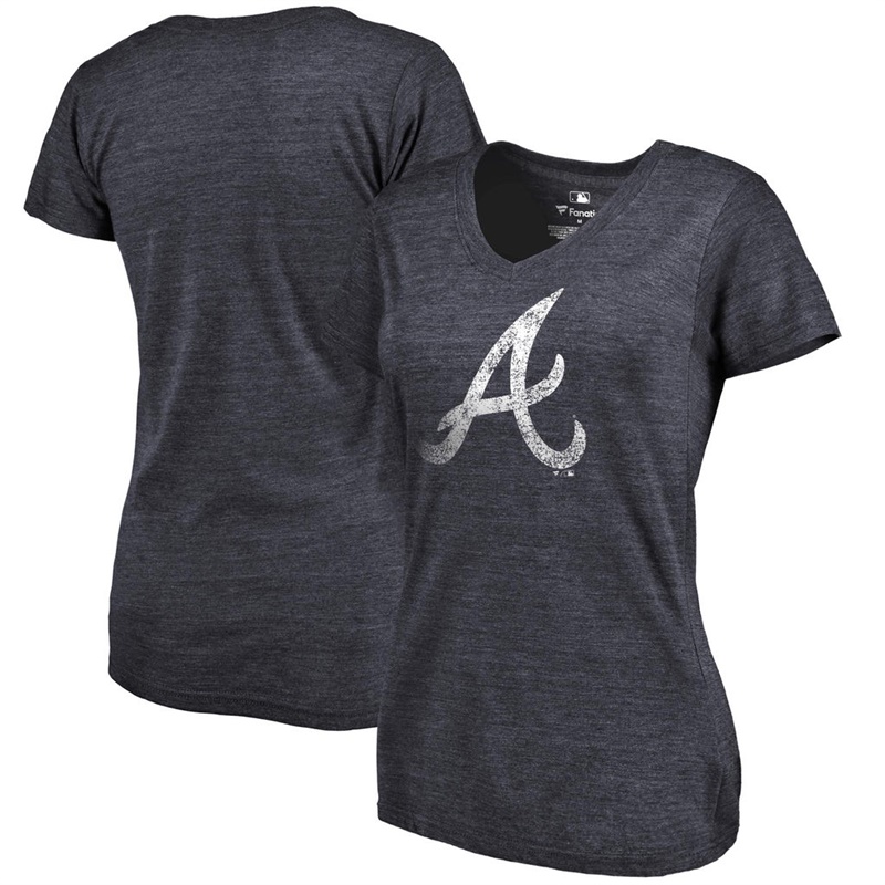 Women Atlanta Braves V-Neck Primary Distressed Team Navy T-Shirt