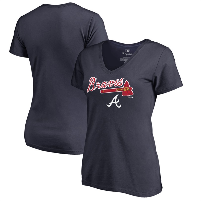 Women Atlanta Braves V-Neck Team Lockup Navy T-Shirt