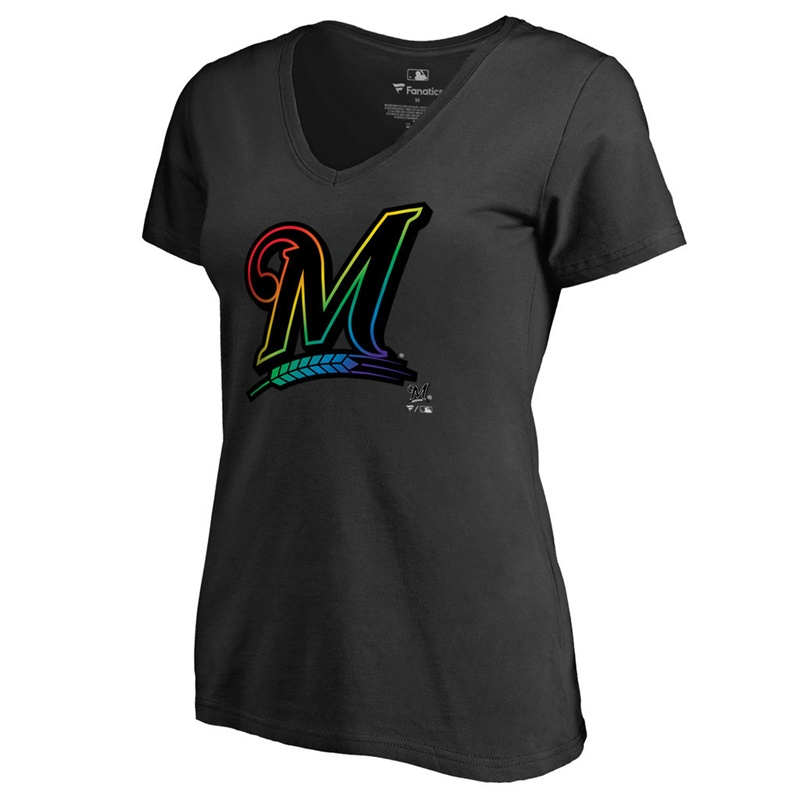 Women Milwaukee Brewers V-Neck Pride Black T-Shirt