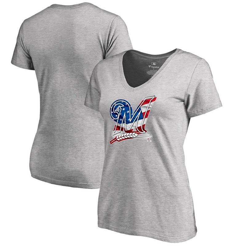 Women Milwaukee Brewers Slim Fit Banner Wave Gray T-Shirt