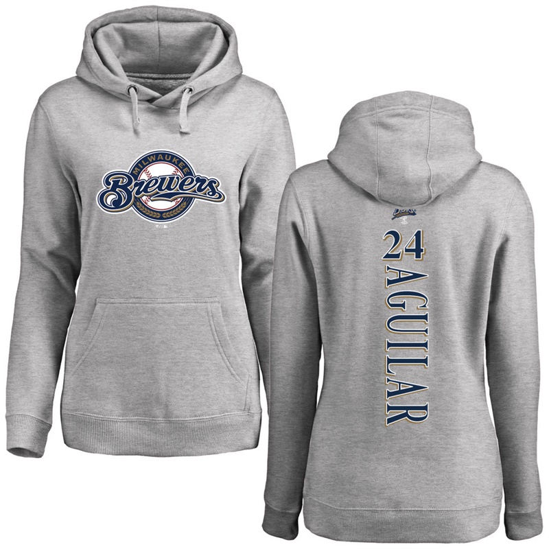 Women Milwaukee Brewers Jesus Aguilar Gray Backer Pullover Hoodie