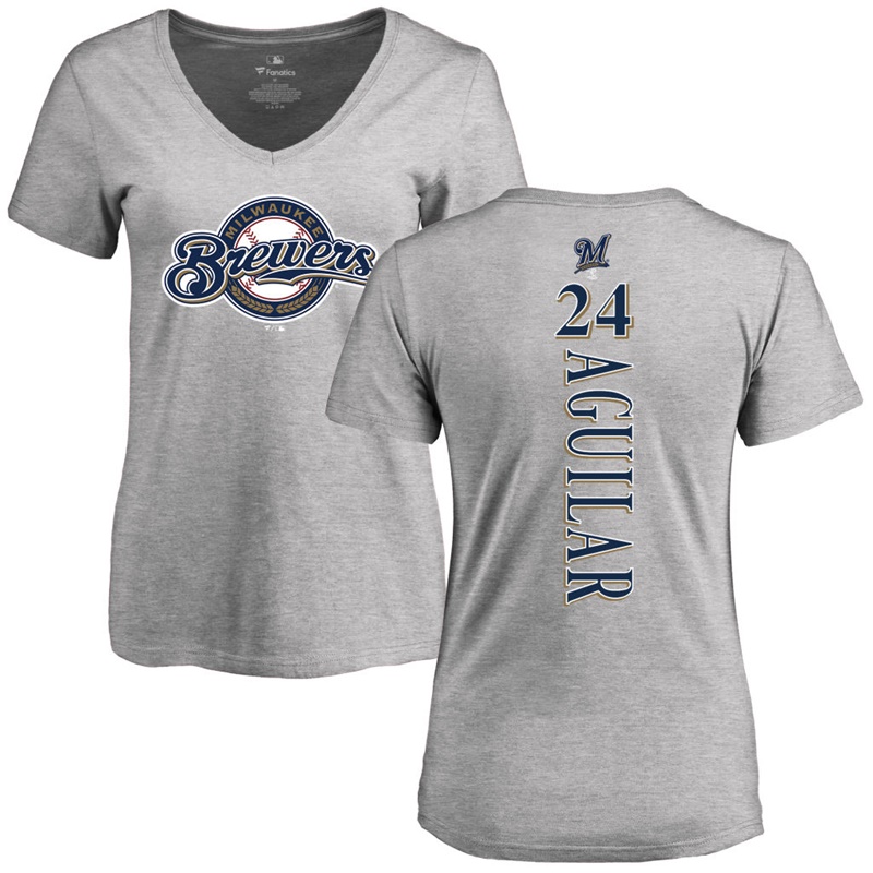 Women Milwaukee Brewers Jesus Aguilar Backer Slim Fit #24 Gray Name & Number T-Shirt