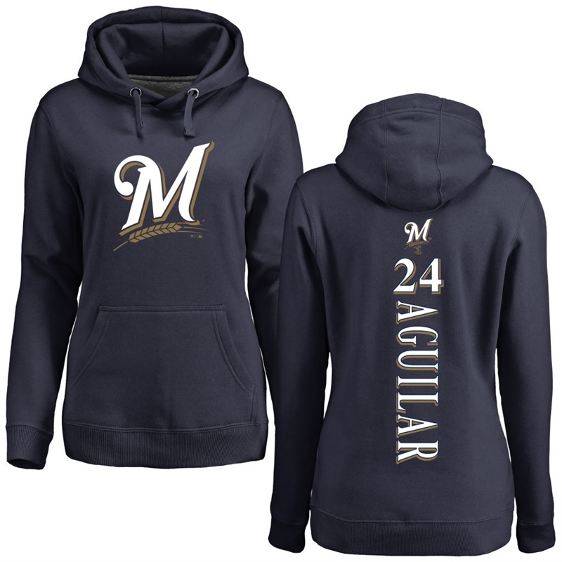 Women Milwaukee Brewers Jesus Aguilar Navy Backer Pullover Hoodie