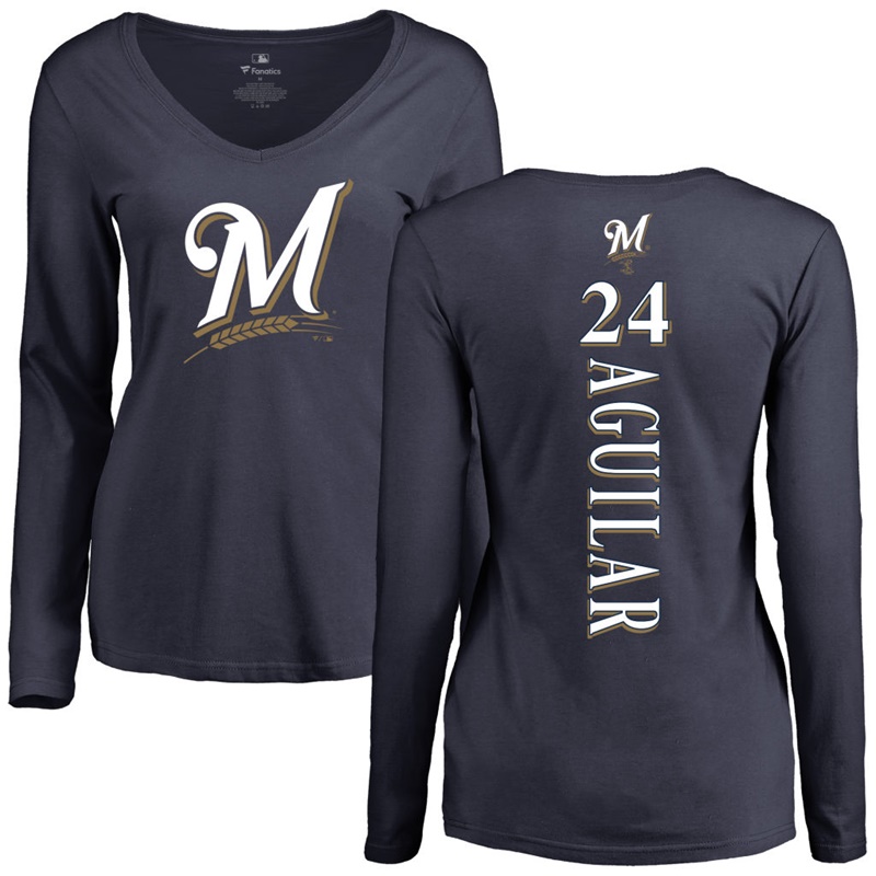 Women Milwaukee Brewers Jesus Aguilar Backer Slim Fit Long Sleeve #24 Navy T-Shirt