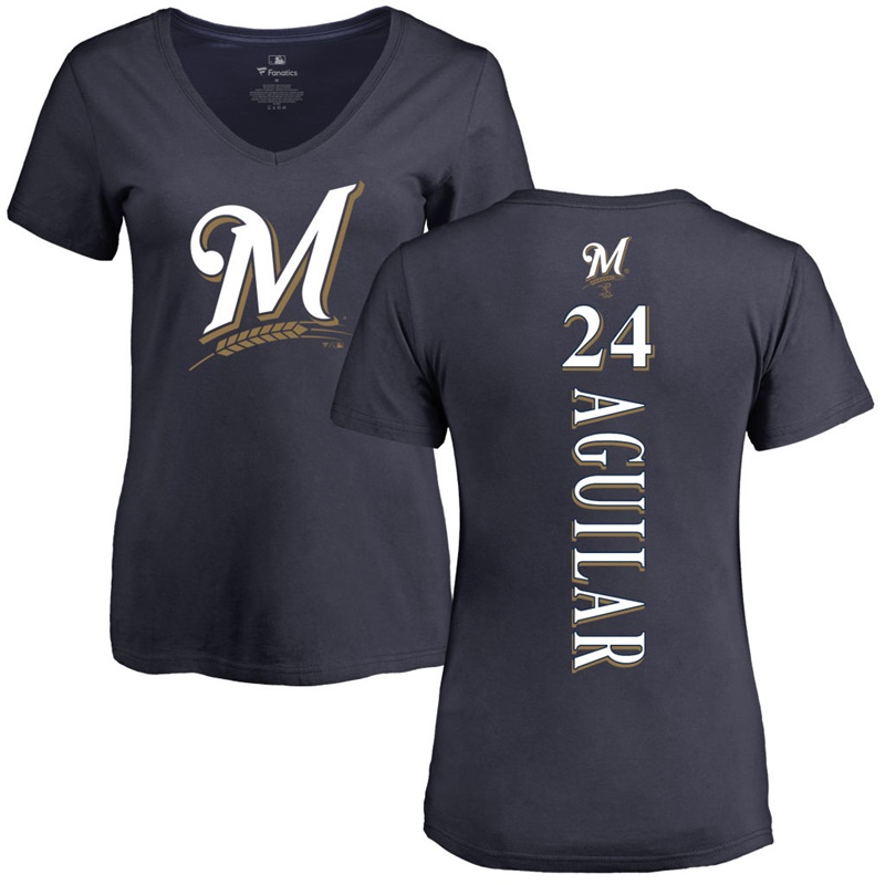 Women Milwaukee Brewers Jesus Aguilar Backer Slim Fit #24 Navy Name & Number T-Shirt