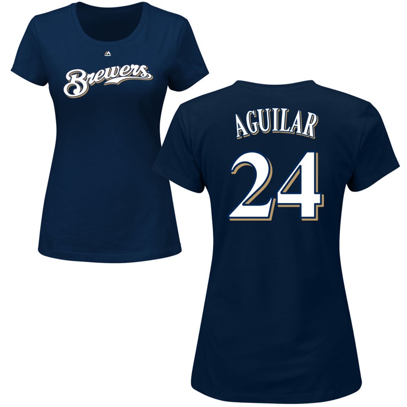 Women Milwaukee Brewers Jesus Aguilar Roster #24 Navy Name & Number T-Shirt