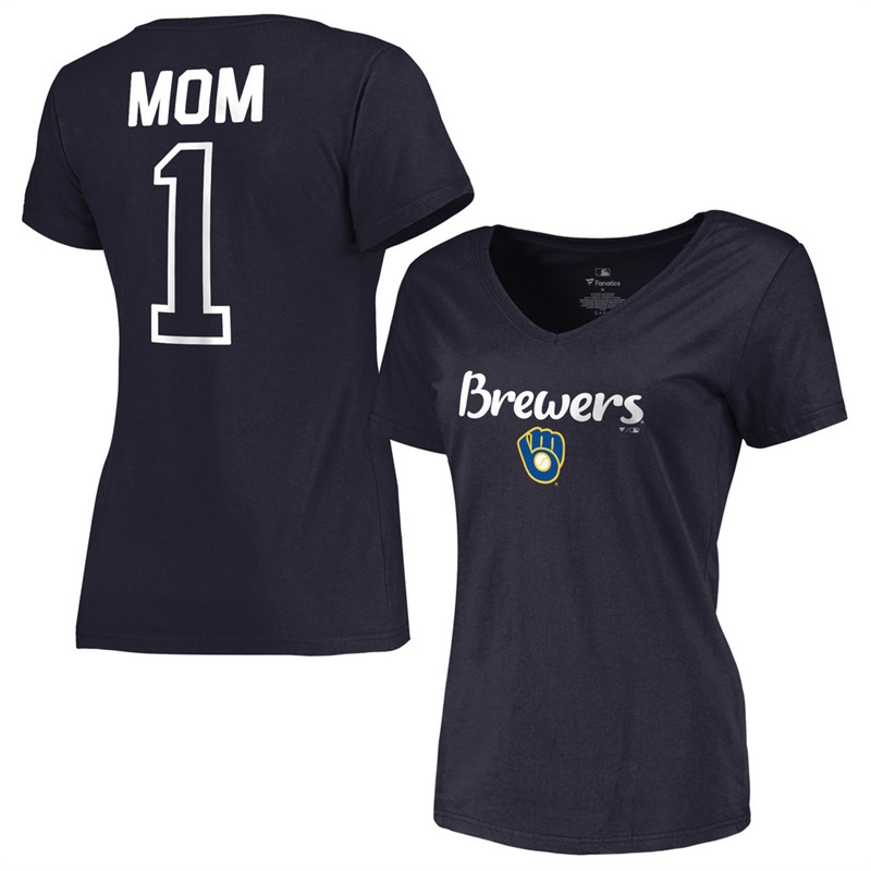 Women 2017 Mother's Day Milwaukee Brewers #1 Mom V-Neck Navy T-Shirt