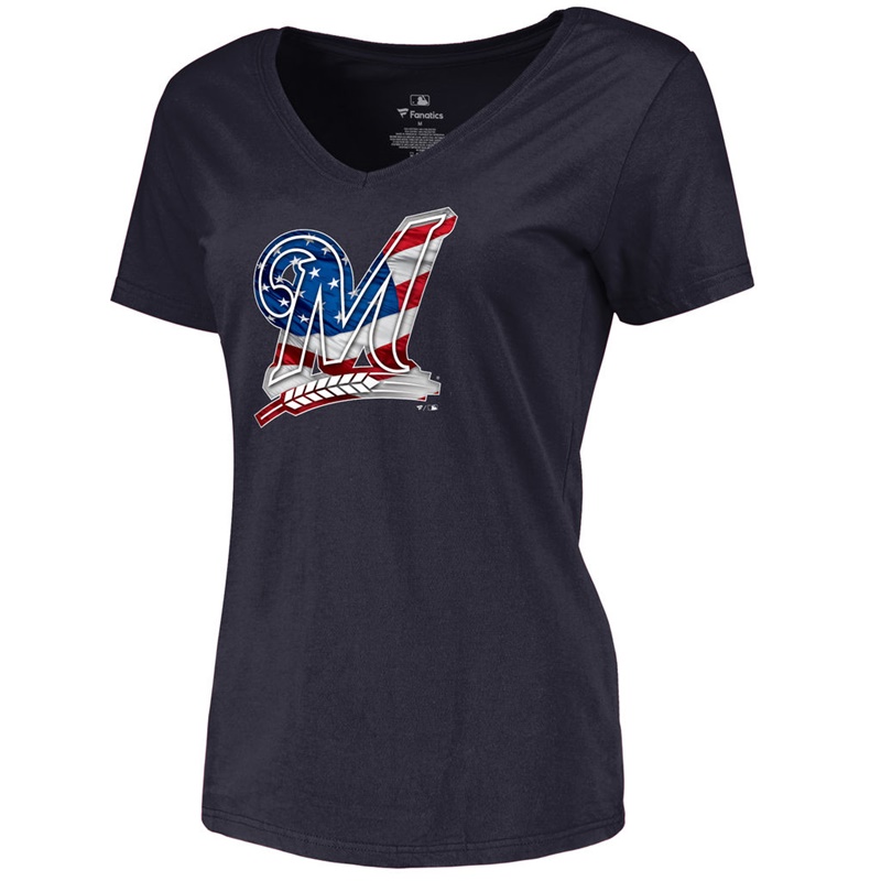 Women Milwaukee Brewers Slim Fit Banner Wave Navy T-Shirt