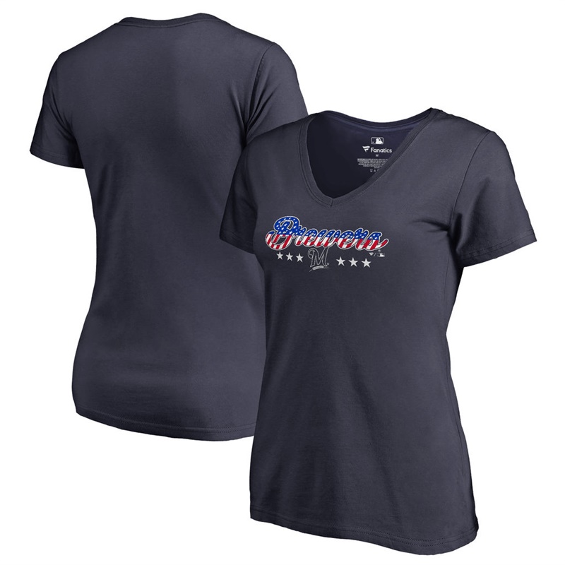 Women Milwaukee Brewers Navy Spangled Script T-Shirt