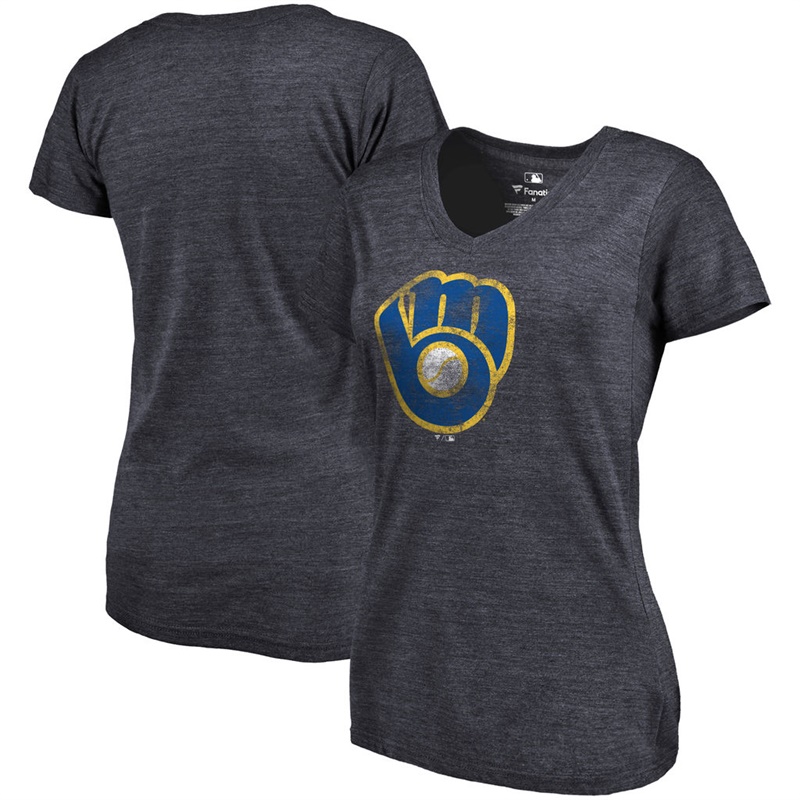 Women Milwaukee Brewers V-Neck Primary Distressed Team Navy T-Shirt