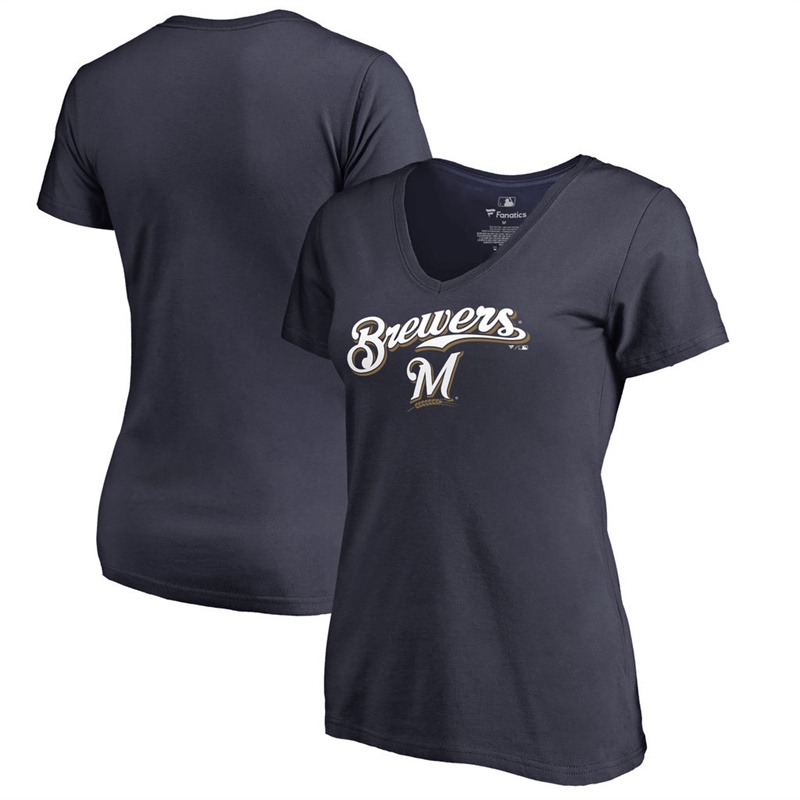 Women Milwaukee Brewers V-Neck Team Lockup Navy T-Shirt