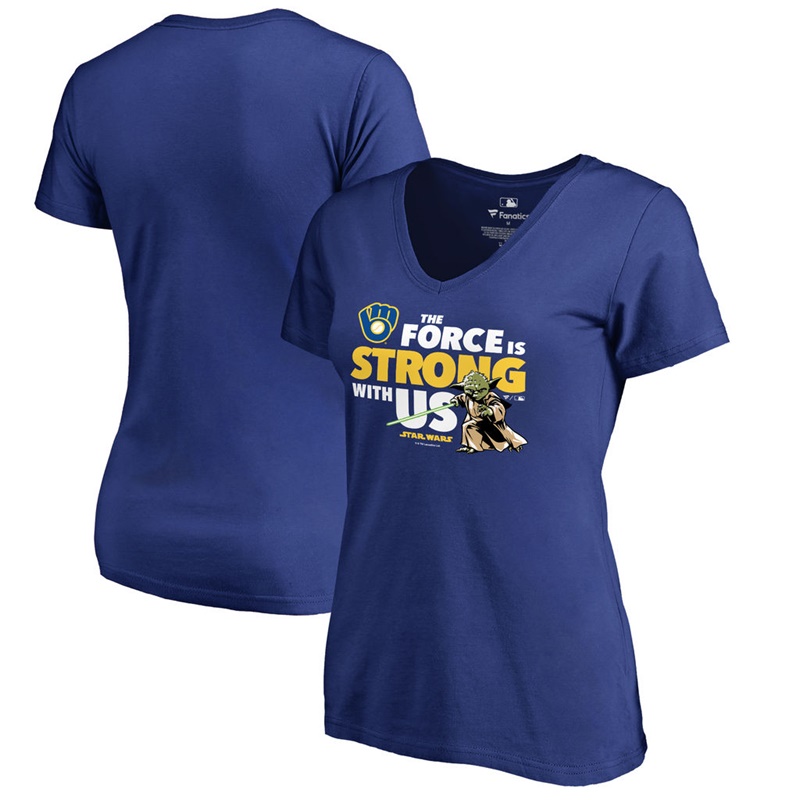 Women Milwaukee Brewers Star Wars Jedi Strong V-Neck Slim Fit Royal T-Shirt