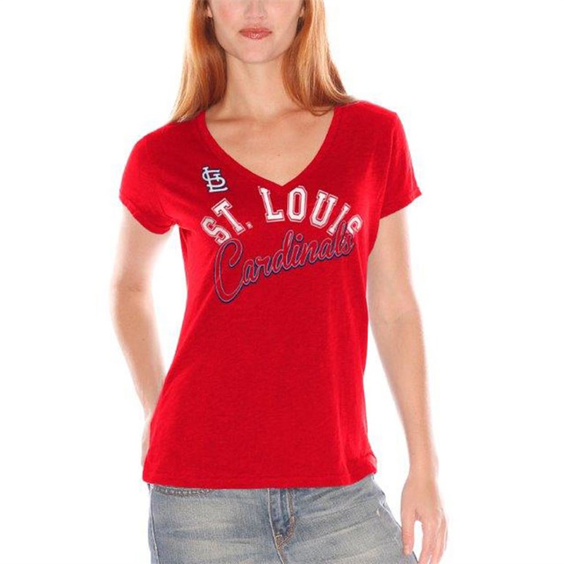 Women St. Louis Cardinals V-Neck Fair Catch Red T-Shirt