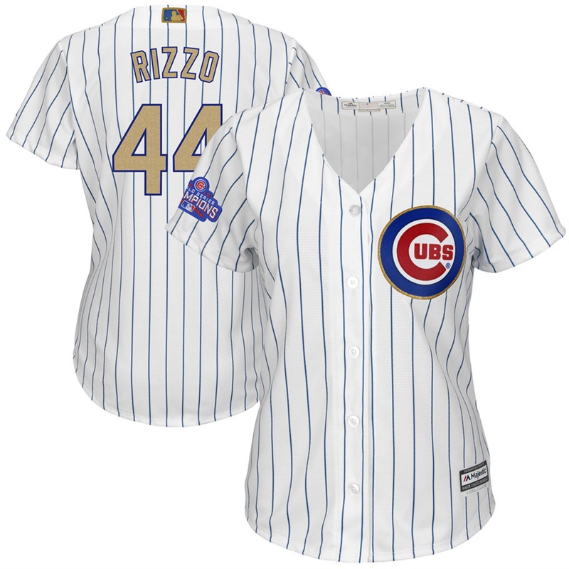 Women Chicago Cubs #44 Anthony Rizzo 2017 Gold Program Player White Cool Base Jersey