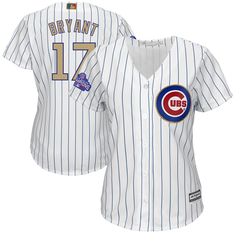 Women Chicago Cubs #17 Kris Bryant 2017 Gold Program Player White Cool Base Jersey