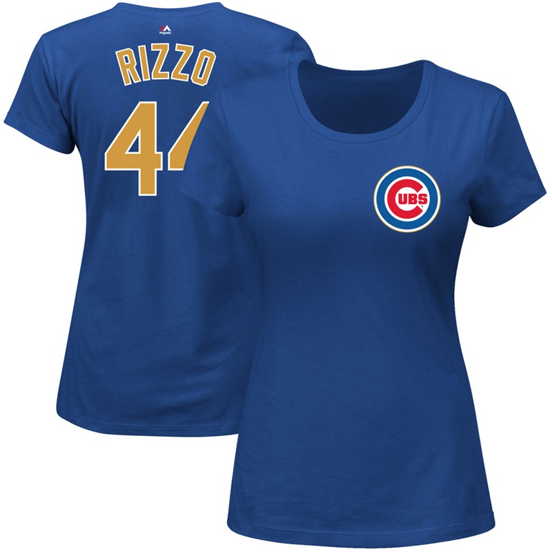 Women Chicago Cubs Anthony Rizzo 2017 Gold Program #44 Royal Name & Number T-Shirt