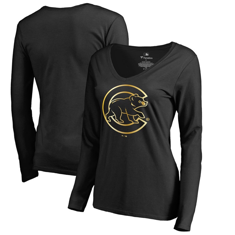 Women Chicago Cubs Black 2017 Gold Program Foil V-Neck Long Sleeve T-Shirt