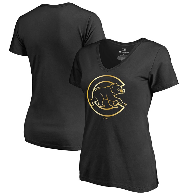 Women Chicago Cubs Black 2017 Gold Program Foil V-Neck T-Shirt