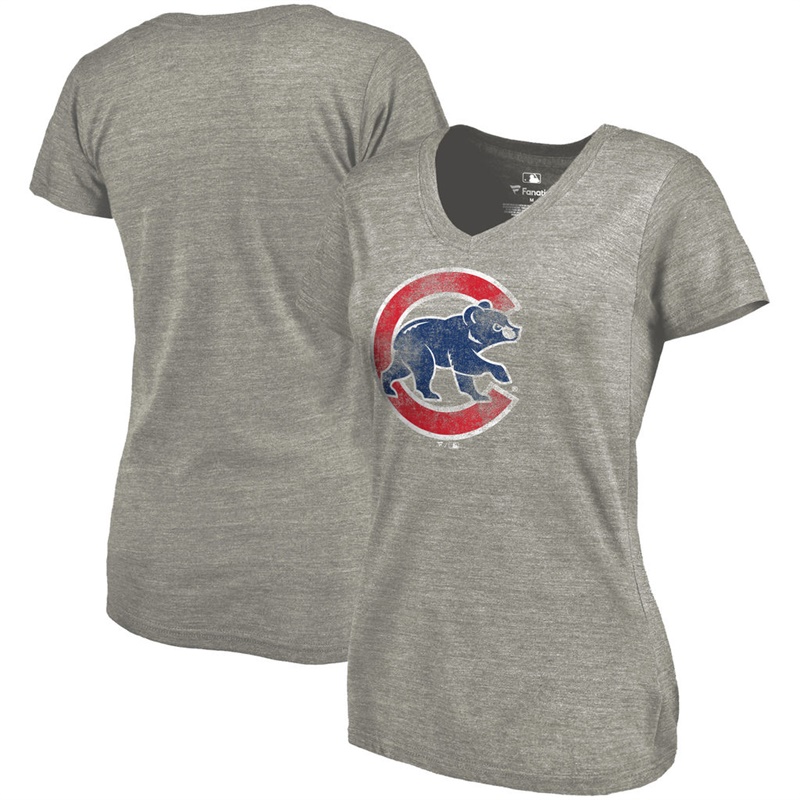 Women Chicago Cubs V-Neck Primary Distressed Team Gray T-Shirt