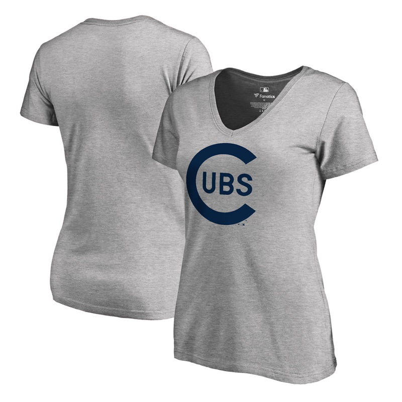 Women Chicago Cubs Heathered Gray Cooperstown Collection Forbes V-Neck T-Shirt