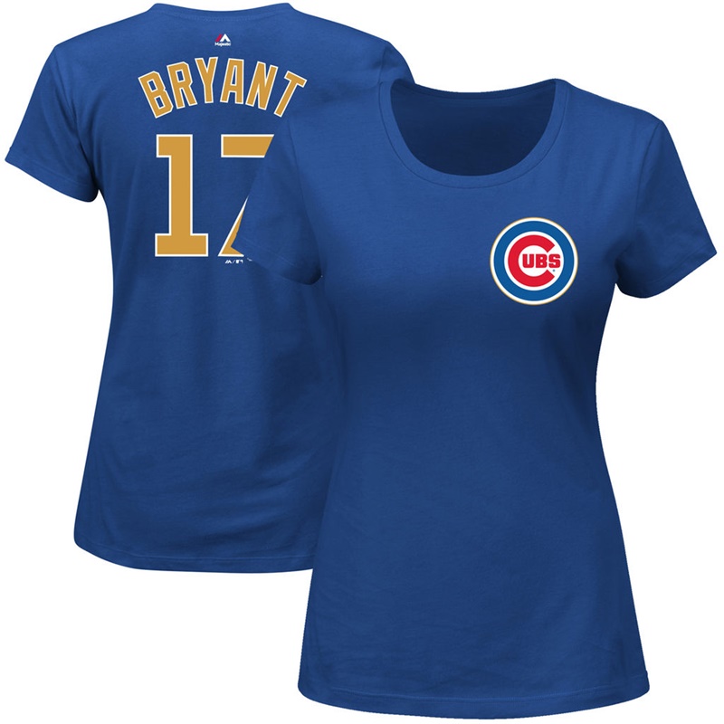 Women Chicago Cubs Kris Bryant 2017 Gold Program #17 Royal Name & Number T-Shirt