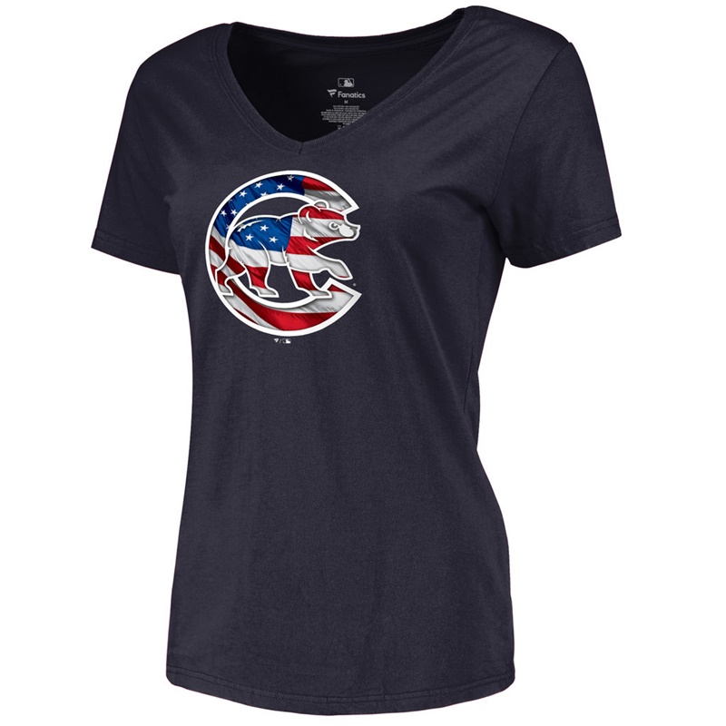 Women Chicago Cubs Slim Fit Banner Wave Navy T-Shirt