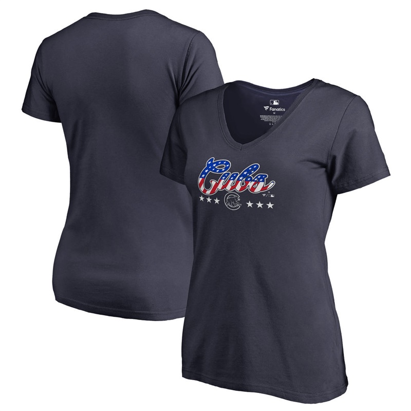 Women Chicago Cubs Navy Spangled Script T-Shirt