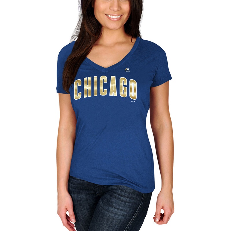 Women Chicago Cubs Royal 2017 Gold Program Chicago Custom Wordmark V-Neck T-Shirt