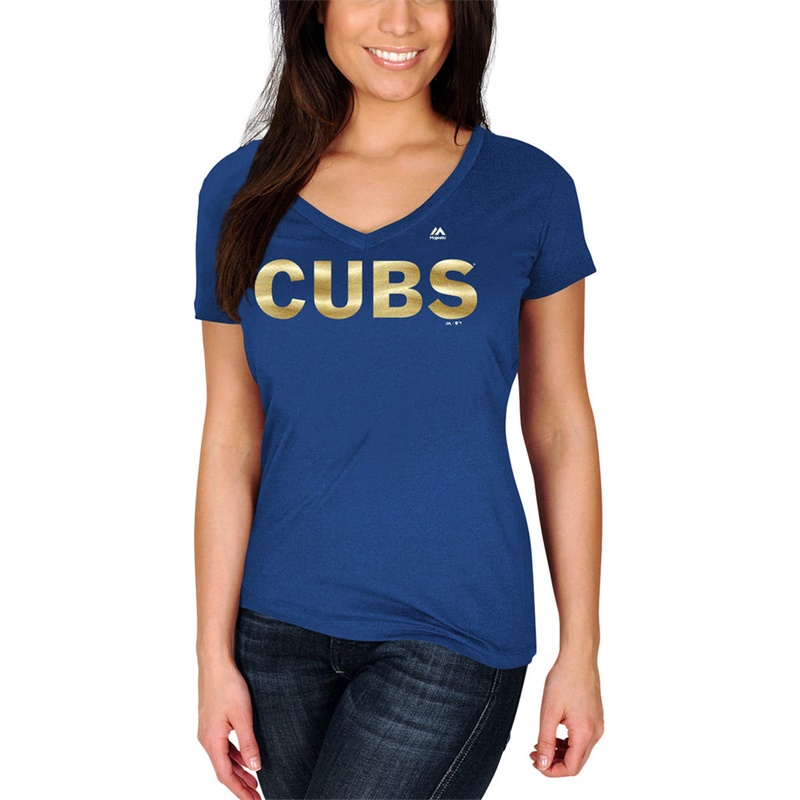 Women Chicago Cubs Royal 2017 Gold Program Cubs Custom Wordmark V-Neck T-Shirt