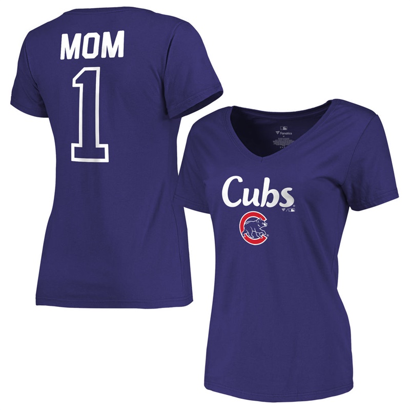 Women 2017 Mother's Day Chicago Cubs #1 Mom V-Neck Royal T-Shirt