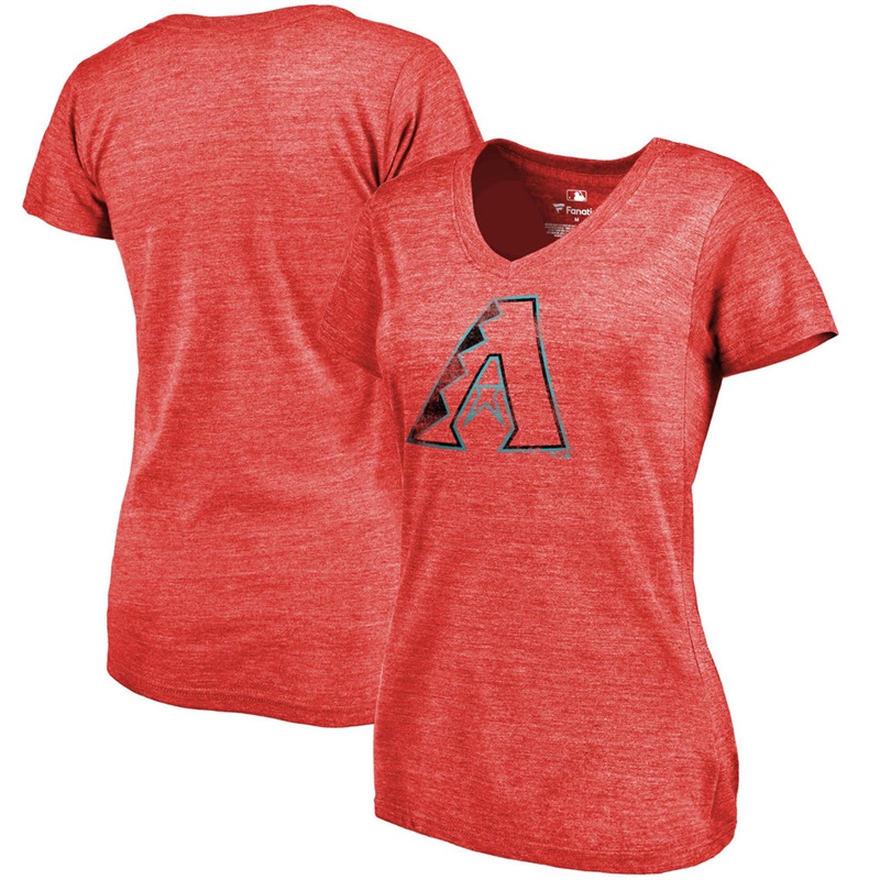 Women Arizona Diamondbacks V-Neck Primary Distressed Team Red T-Shirt