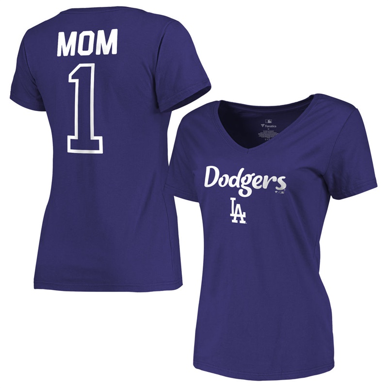 Women 2017 Mother's Day Los Angeles Dodgers #1 Mom V-Neck Royal T-Shirt