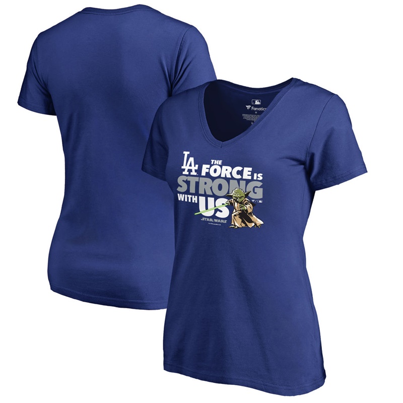 Women Los Angeles Dodgers Star Wars Jedi Strong V-Neck Slim Fit Royal T-Shirt