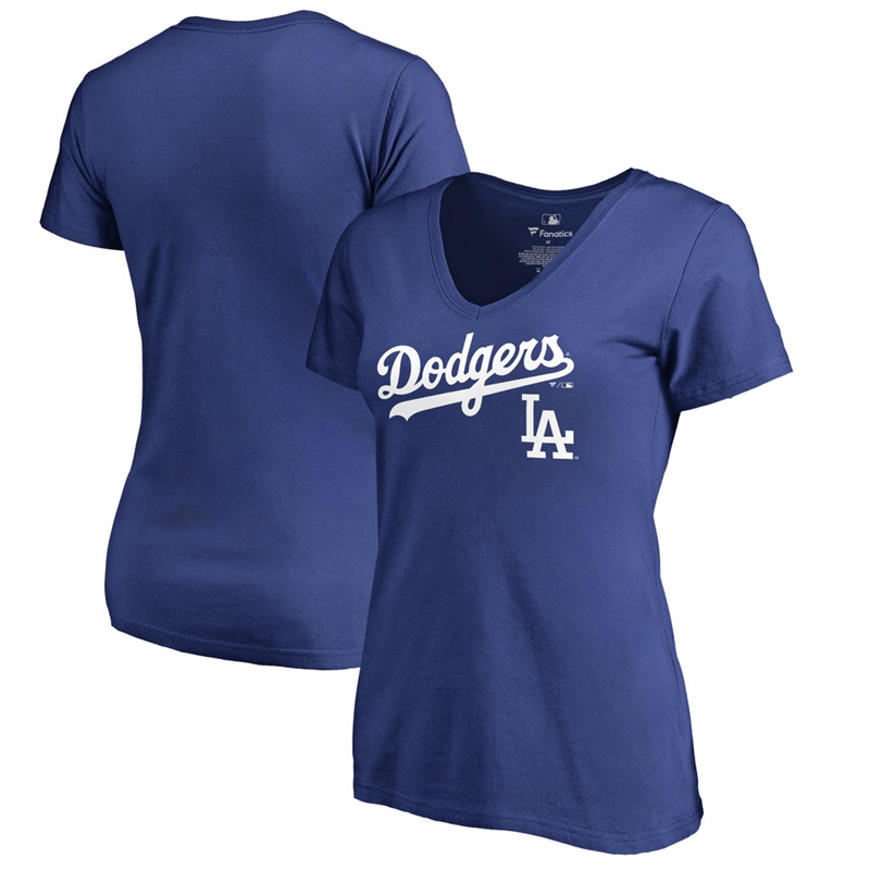 Women Los Angeles Dodgers V-Neck Team Lockup Royal T-Shirt