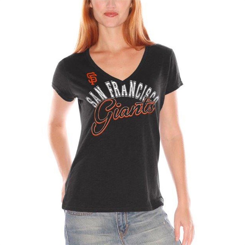 Women San Francisco Giants V-Neck Fair Catch Black T-Shirt