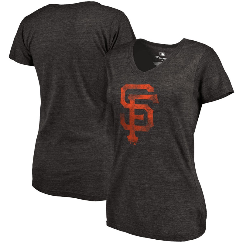 Women San Francisco Giants V-Neck Primary Distressed Team Black T-Shirt