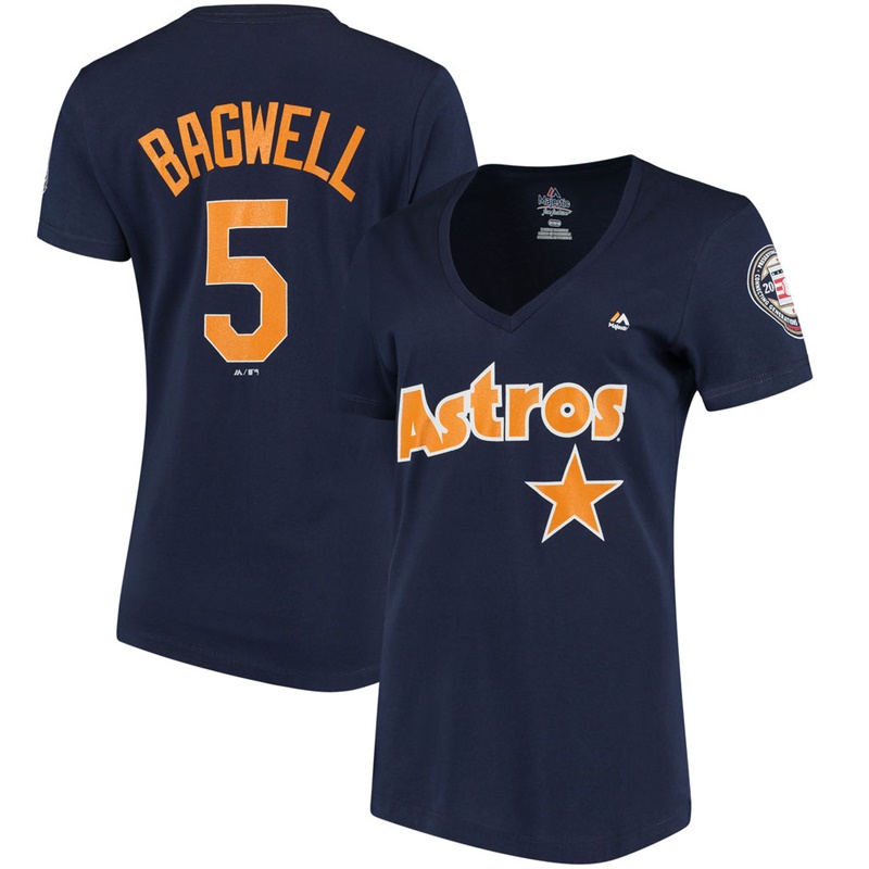 Women Houston Astros Jeff Bagwell #5 Navy V-Neck Hall of Fame Patch T-Shirt