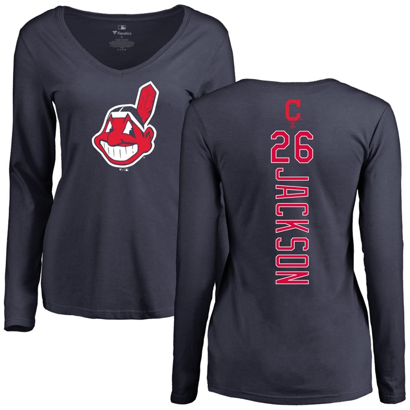 Women Cleveland Indians Austin Jackson Long Sleeve Backer Slim Fit #26 Navy Name & Number T-Shirt