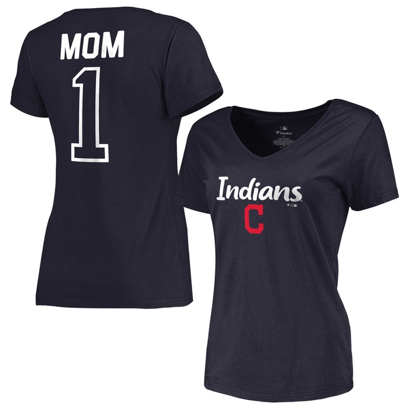 Women 2017 Mother's Day Cleveland Indians #1 Mom V-Neck Navy T-Shirt