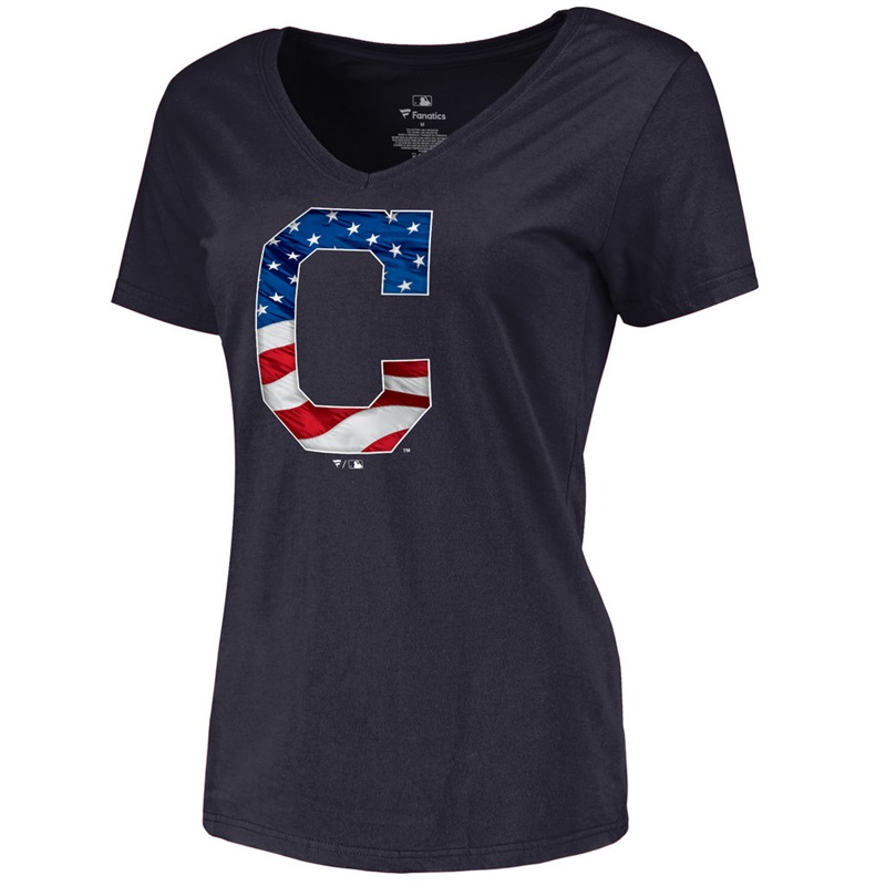 Women Cleveland Indians Slim Fit Banner Wave Navy T-Shirt