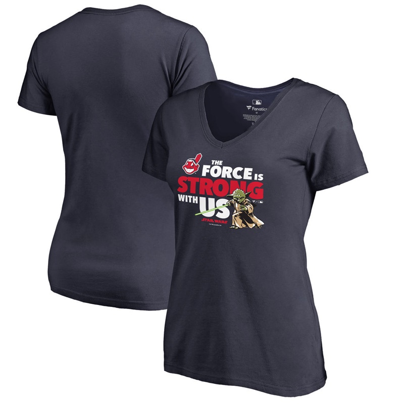 Women Cleveland Indians Star Wars Jedi Strong V-Neck Slim Fit Navy T-Shirt