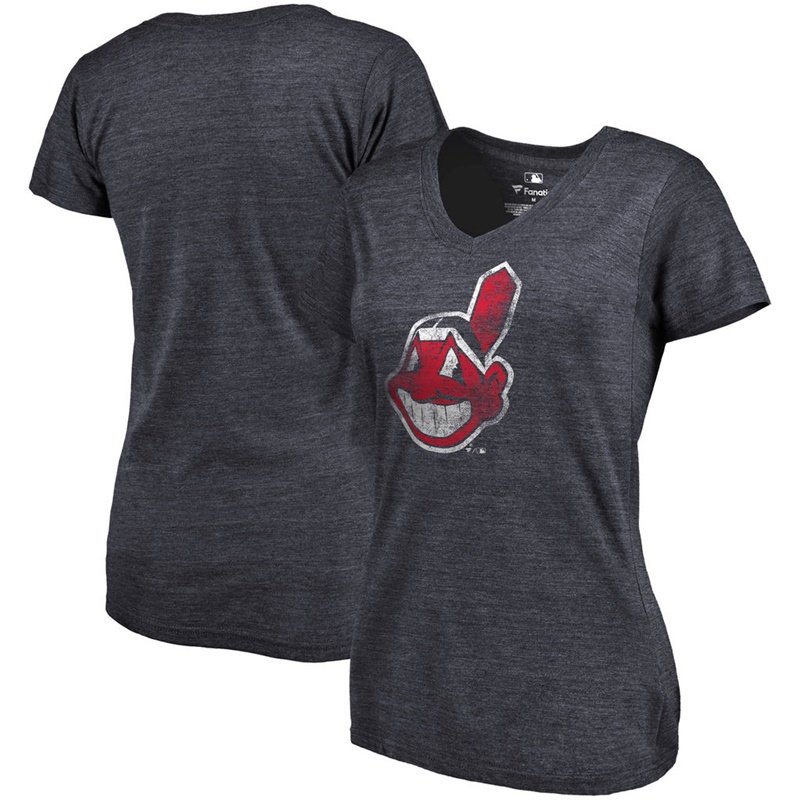 Women Cleveland Indians V-Neck Primary Distressed Team Navy T-Shirt