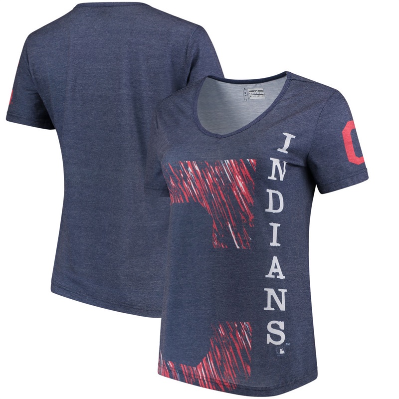 Women Cleveland Indians V-Neck Static Rain Navy T-Shirt